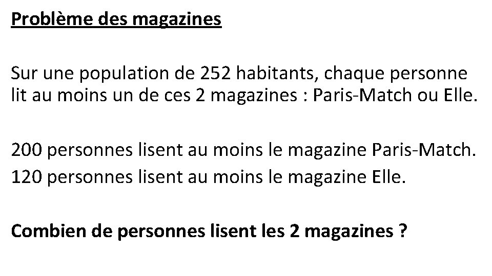 Problème des magazines Sur une population de 252 habitants, chaque personne lit au moins