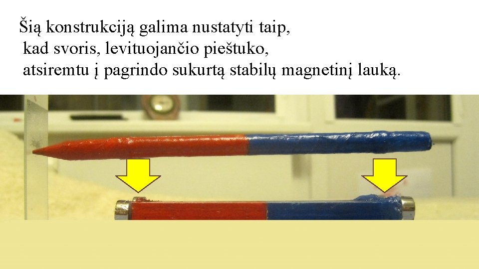 Šią konstrukciją galima nustatyti taip, kad svoris, levituojančio pieštuko, atsiremtu į pagrindo sukurtą stabilų