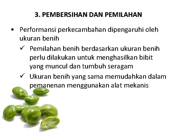 3. PEMBERSIHAN DAN PEMILAHAN • Performansi perkecambahan dipengaruhi oleh ukuran benih ü Pemilahan benih