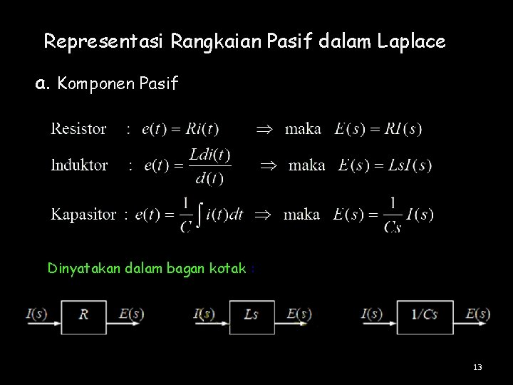 Representasi Rangkaian Pasif dalam Laplace a. Komponen Pasif Dinyatakan dalam bagan kotak : 13