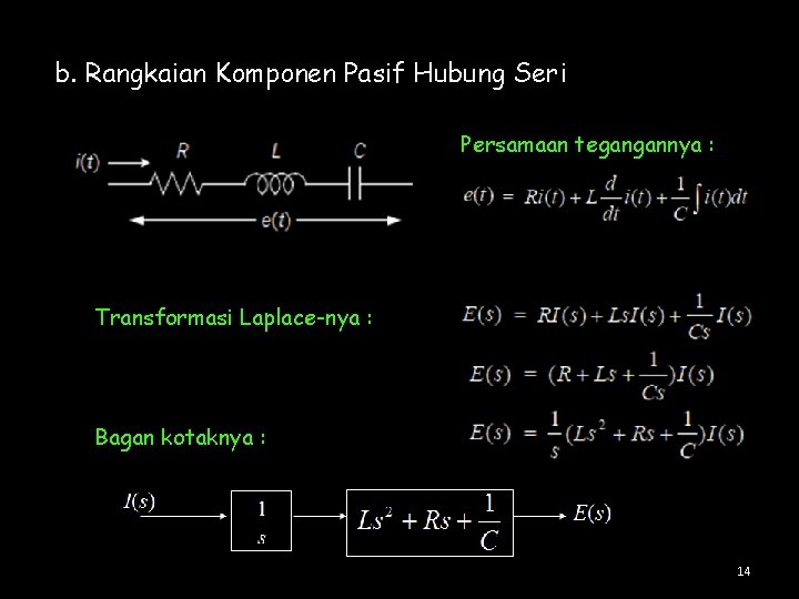 b. Rangkaian Komponen Pasif Hubung Seri Persamaan tegangannya : Transformasi Laplace-nya : Bagan kotaknya