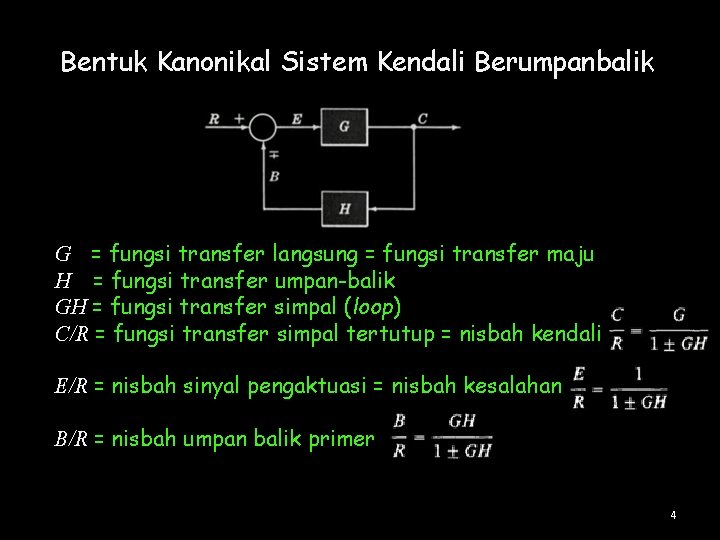 Bentuk Kanonikal Sistem Kendali Berumpanbalik G = fungsi transfer langsung = fungsi transfer maju