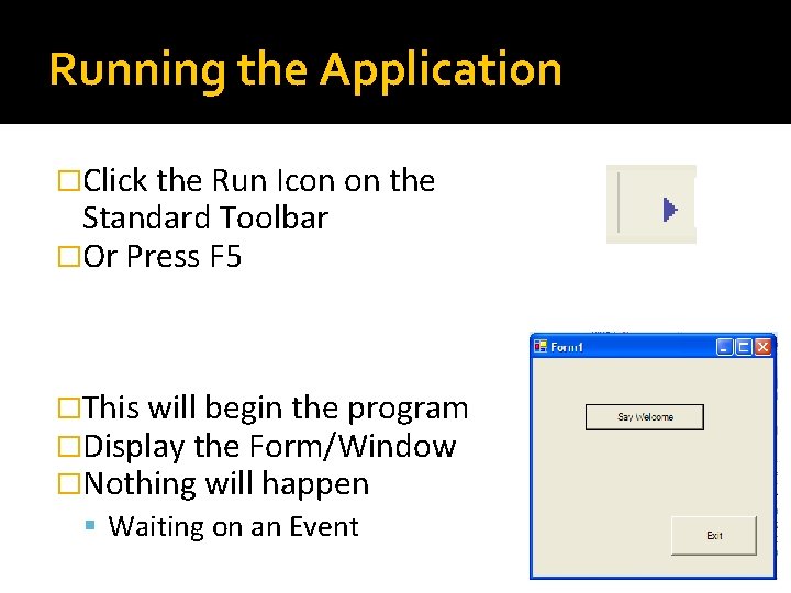 Running the Application �Click the Run Icon on the Standard Toolbar �Or Press F