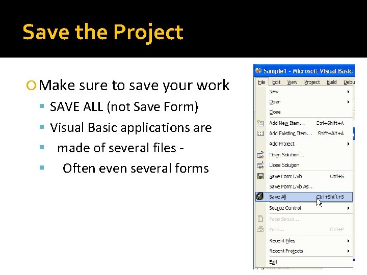 Save the Project Make sure to save your work SAVE ALL (not Save Form)
