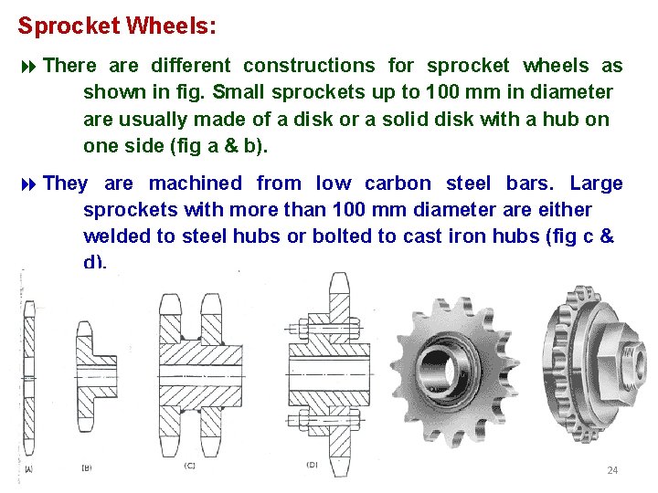 Sprocket Wheels: 8 There are different constructions for sprocket wheels as shown in fig.