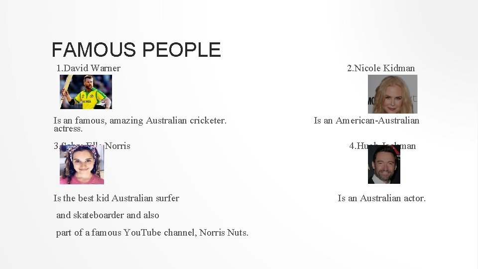 FAMOUS PEOPLE 1. David Warner Is an famous, amazing Australian cricketer. actress. 3. Sabre