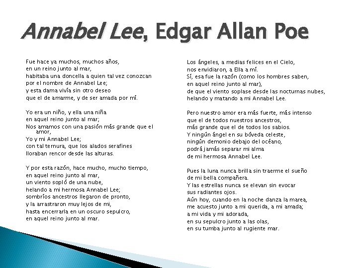 Annabel Lee, Edgar Allan Poe Fue hace ya muchos, muchos años, en un reino