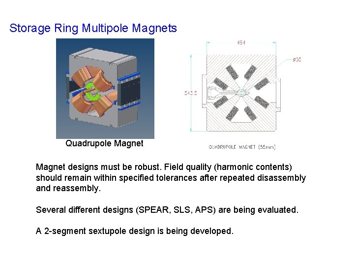 Storage Ring Multipole Magnets Quadrupole Magnet designs must be robust. Field quality (harmonic contents)