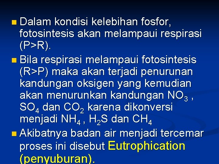 n Dalam kondisi kelebihan fosfor, fotosintesis akan melampaui respirasi (P>R). n Bila respirasi melampaui