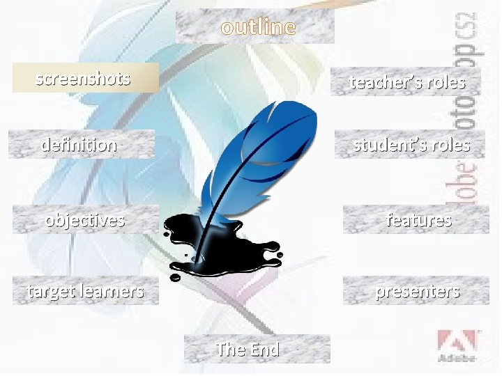 outline screenshots teacher’s roles definition student’s roles objectives features target learners presenters The End