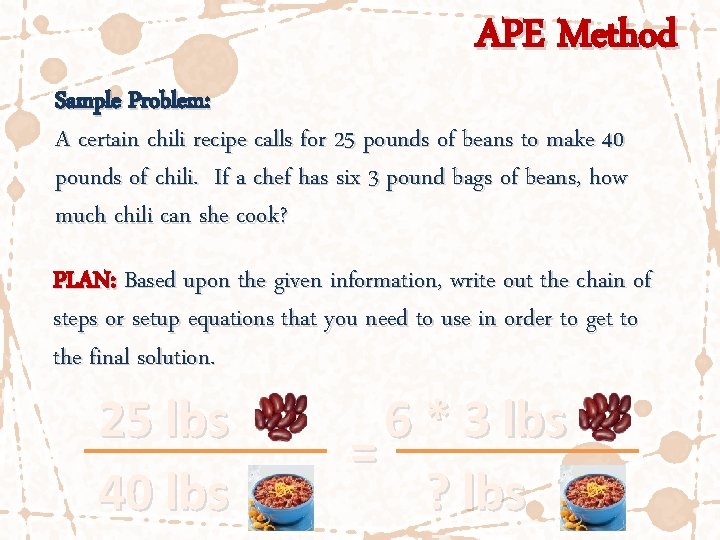 APE Method Sample Problem: A certain chili recipe calls for 25 pounds of beans