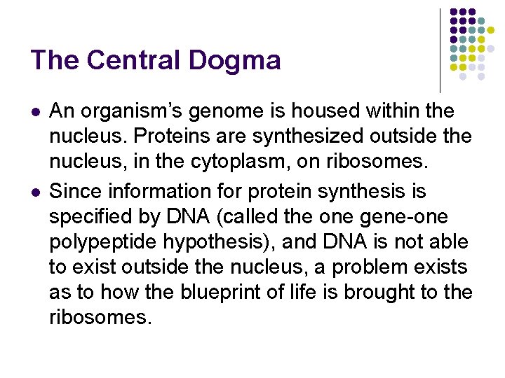 The Central Dogma l l An organism’s genome is housed within the nucleus. Proteins