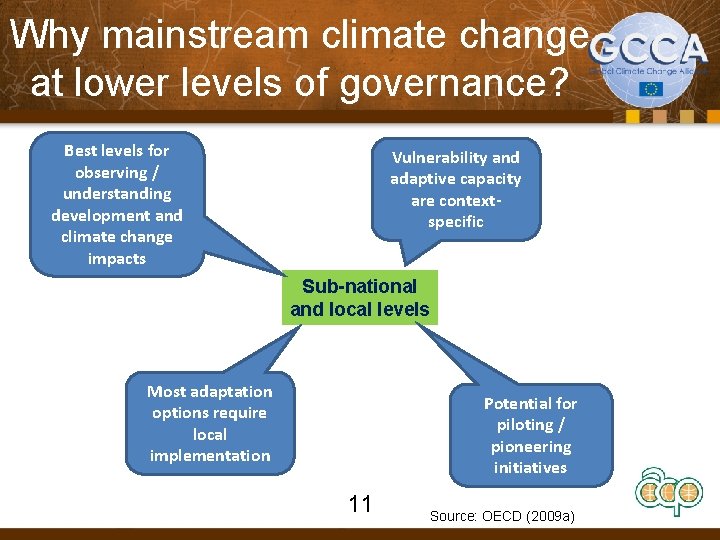 Why mainstream climate change at lower levels of governance? Best levels for observing /