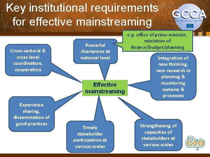 Key institutional requirements for effective mainstreaming Cross-sectoral & cross-level coordination, cooperation Powerful champions at