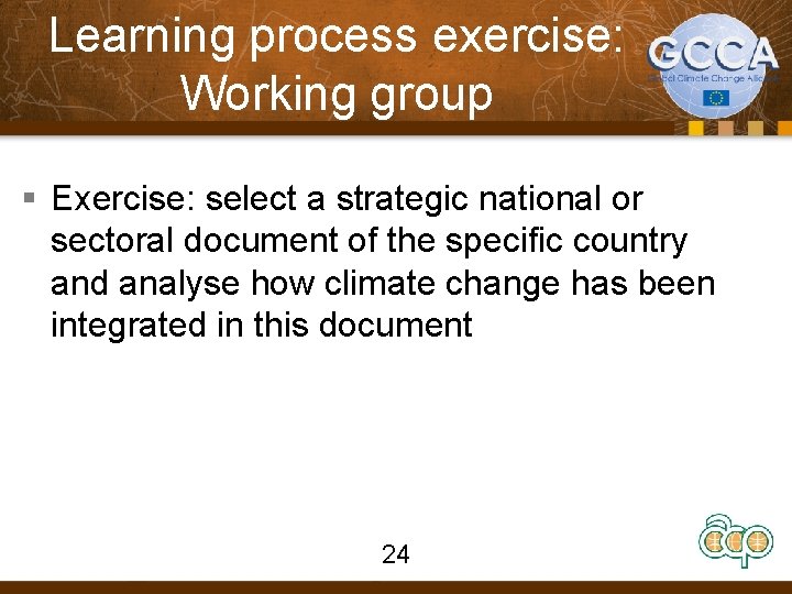 Learning process exercise: Working group § Exercise: select a strategic national or sectoral document