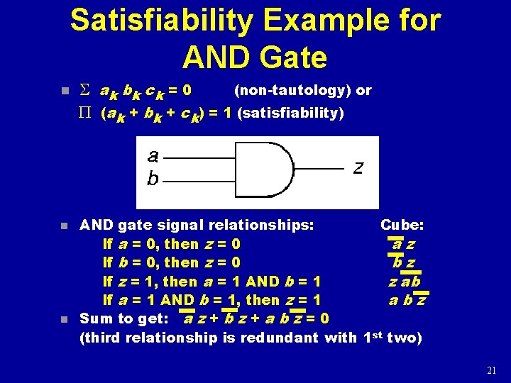 Satisfiability Example for AND Gate n n n S ak bk c k =