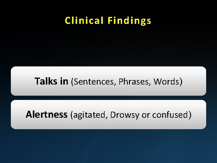 Clinical Findings Talks in (Sentences, Phrases, Words) Alertness (agitated, Drowsy or confused) 