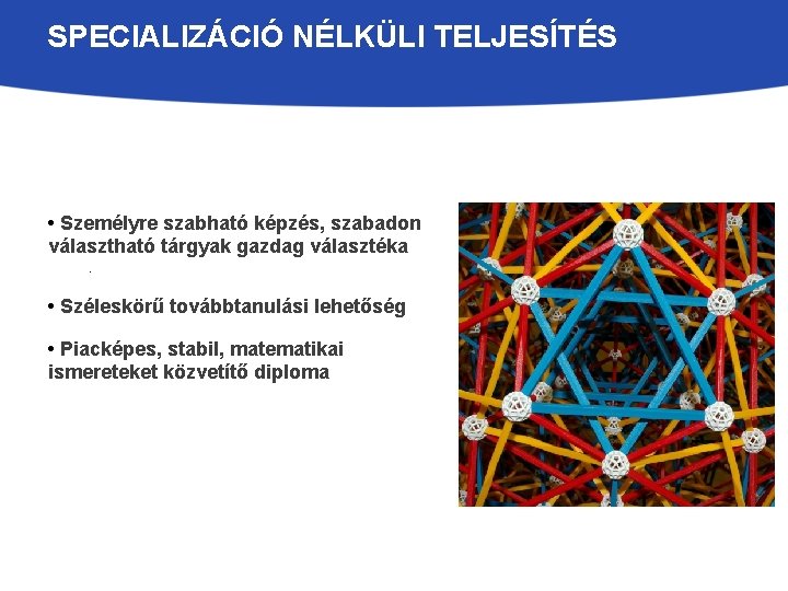 SPECIALIZÁCIÓ NÉLKÜLI TELJESÍTÉS • Személyre szabható képzés, szabadon választható tárgyak gazdag választéka. • Széleskörű