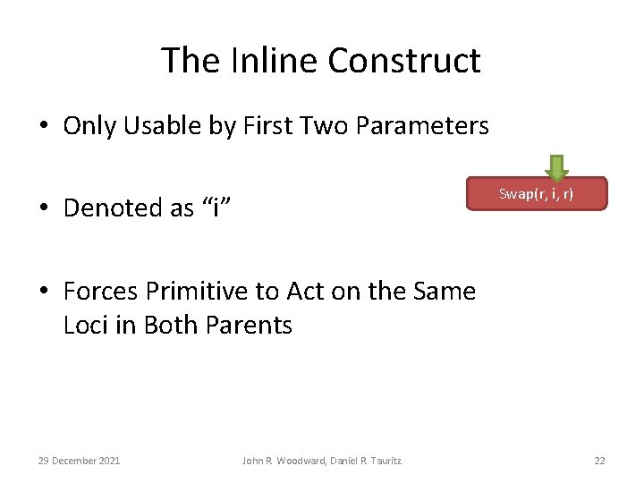 The Inline Construct • Only Usable by First Two Parameters Swap(r, i, r) •