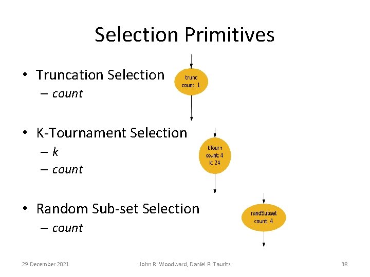 Selection Primitives • Truncation Selection – count • K-Tournament Selection –k – count •