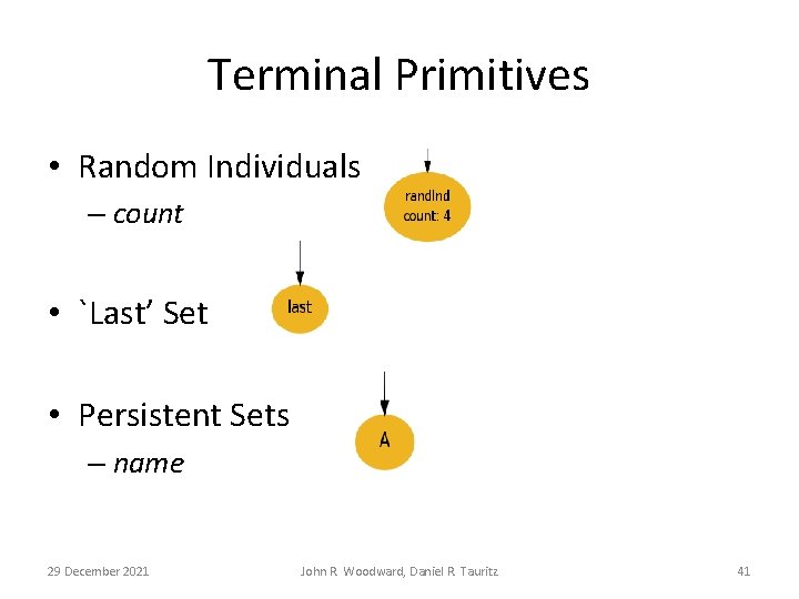 Terminal Primitives • Random Individuals – count • `Last’ Set • Persistent Sets –