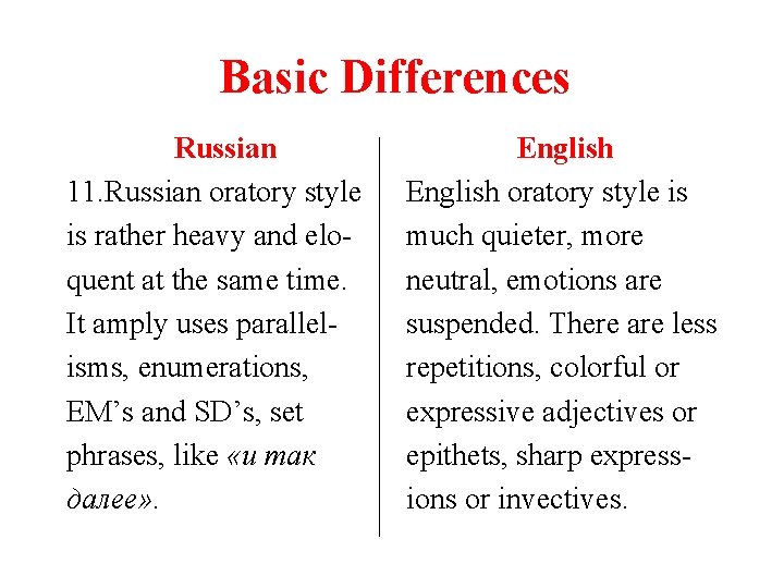 Basic Differences Russian 11. Russian oratory style is rather heavy and eloquent at the