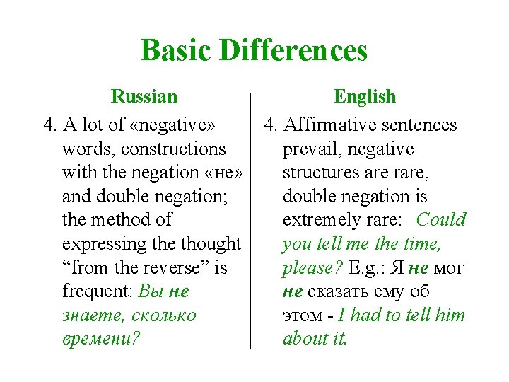 Basic Differences Russian 4. A lot of «negative» words, constructions with the negation «не»