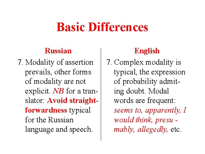 Basic Differences Russian English 7. Modality of assertion 7. Complex modality is prevails, other
