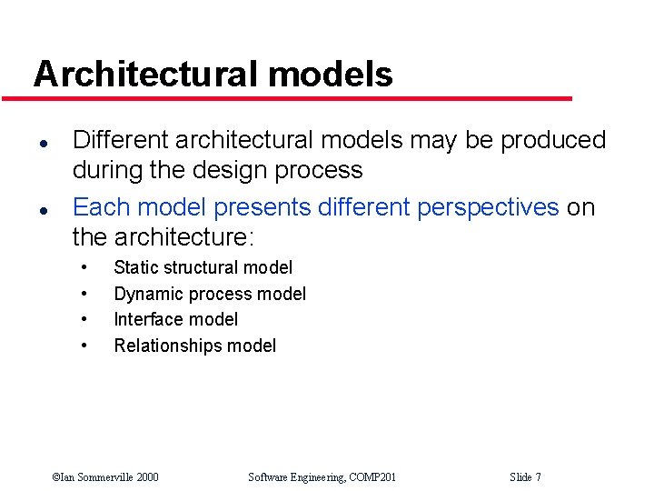 Architectural models l l Different architectural models may be produced during the design process