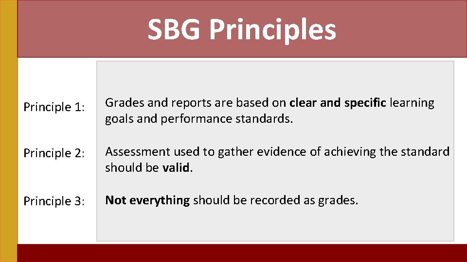SBG Principles Principle 1: Grades and reports are based on clear and specific learning