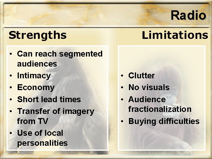 Radio • Can reach segmented audiences • Intimacy • Economy • Short lead times