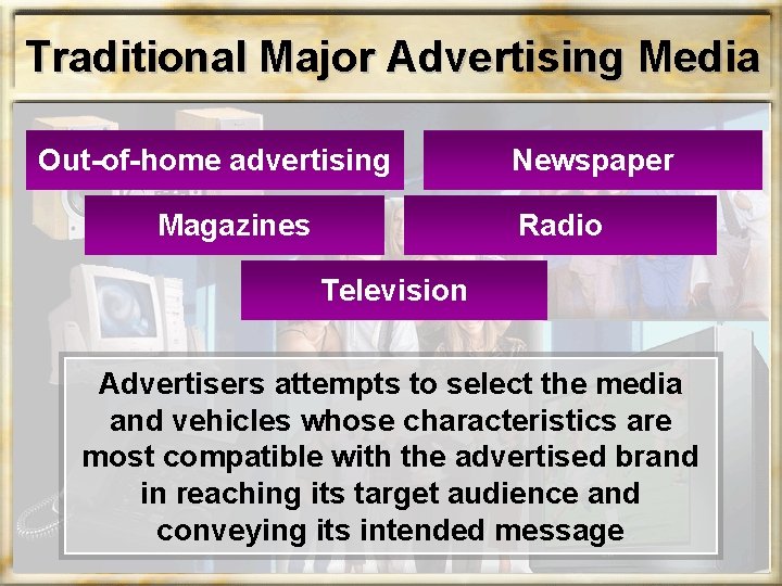 Traditional Major Advertising Media Out-of-home advertising Magazines Newspaper Radio Television Advertisers attempts to select