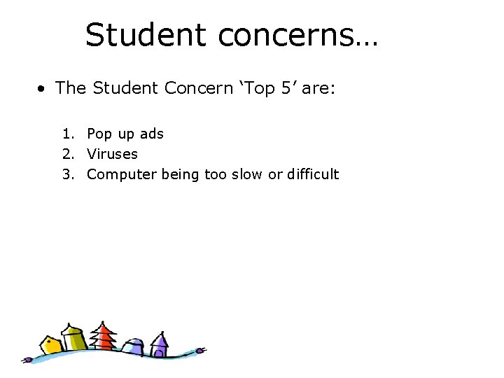 Student concerns… • The Student Concern ‘Top 5’ are: 1. Pop up ads 2.