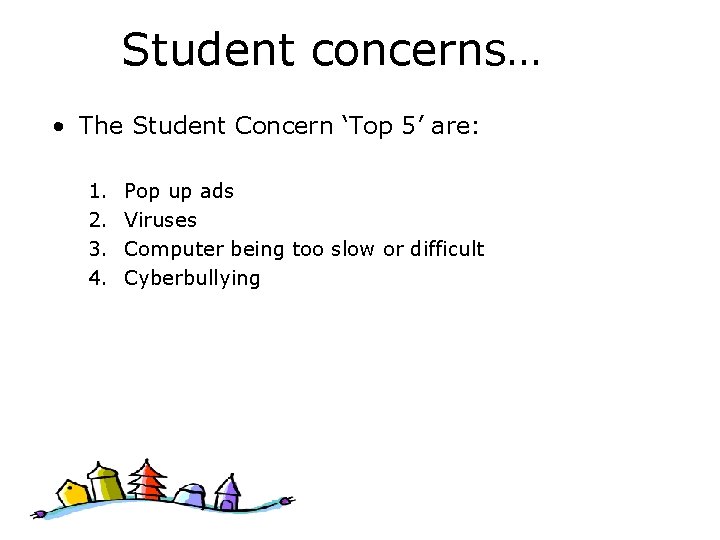 Student concerns… • The Student Concern ‘Top 5’ are: 1. 2. 3. 4. Pop