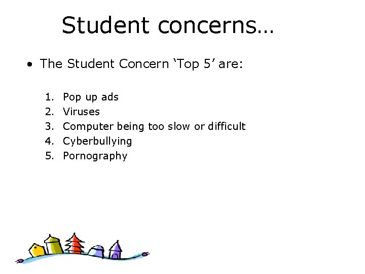 Student concerns… • The Student Concern ‘Top 5’ are: 1. 2. 3. 4. 5.