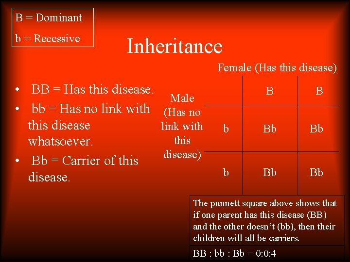 B = Dominant b = Recessive Inheritance Female (Has this disease) • BB =