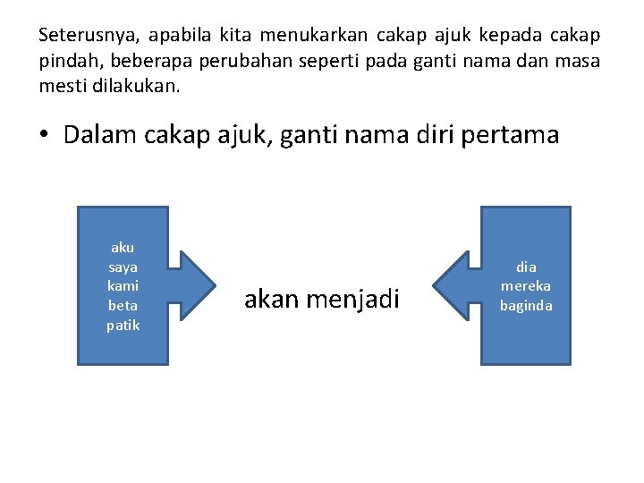 Seterusnya, apabila kita menukarkan cakap ajuk kepada cakap pindah, beberapa perubahan seperti pada ganti