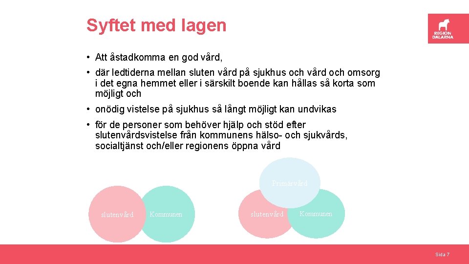 Syftet med lagen • Att åstadkomma en god vård, • där ledtiderna mellan sluten