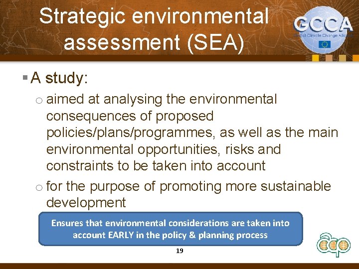 Strategic environmental assessment (SEA) § A study: o aimed at analysing the environmental consequences