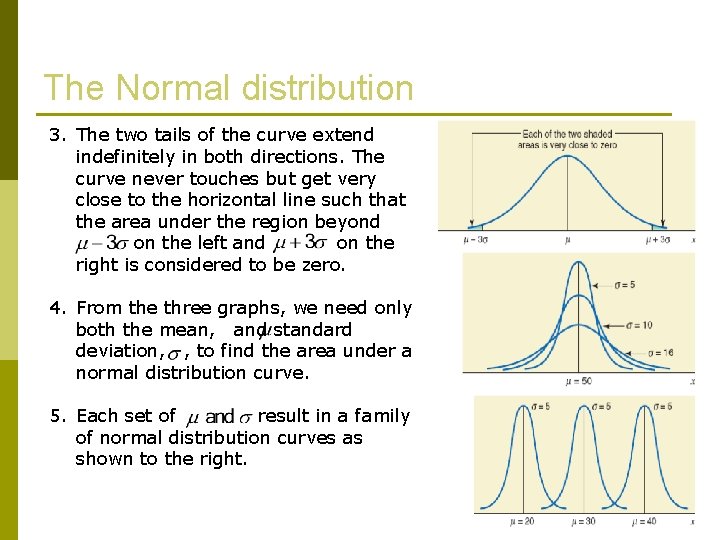 The Normal distribution 3. The two tails of the curve extend indefinitely in both