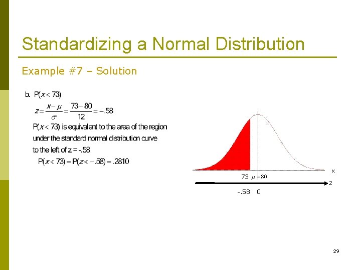 Standardizing a Normal Distribution Example #7 – Solution x 73 -. 58 z 0