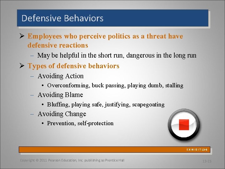 Defensive Behaviors Ø Employees who perceive politics as a threat have defensive reactions –