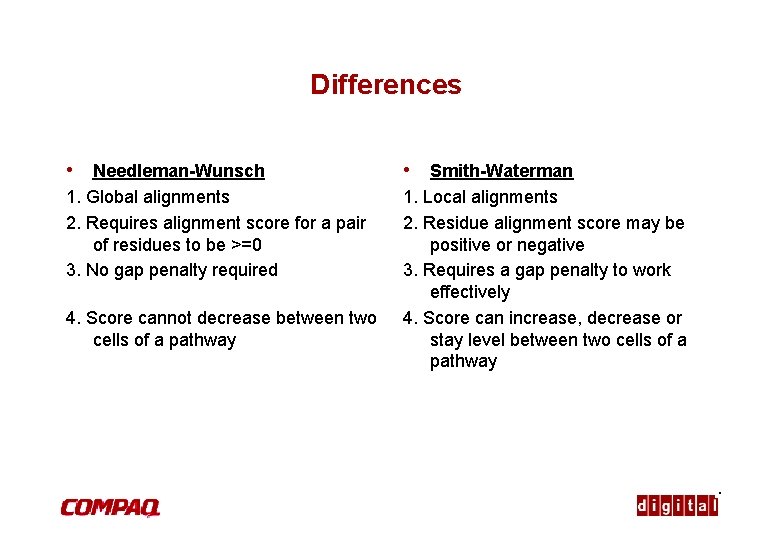 Differences • Needleman-Wunsch • Smith-Waterman 1. Global alignments 2. Requires alignment score for a