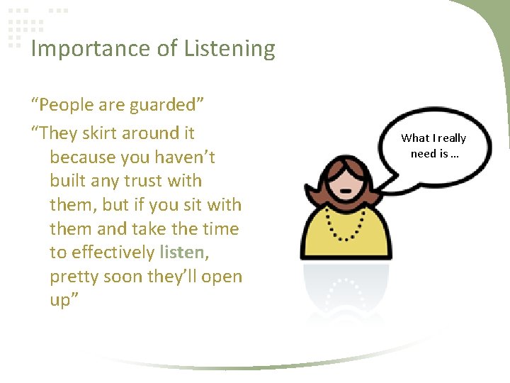 Importance of Listening “People are guarded” “They skirt around it because you haven’t built