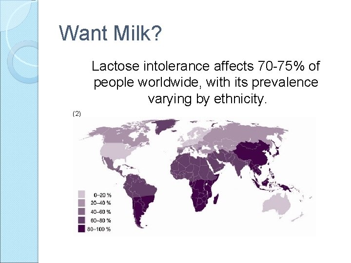 Want Milk? Lactose intolerance affects 70 -75% of people worldwide, with its prevalence varying