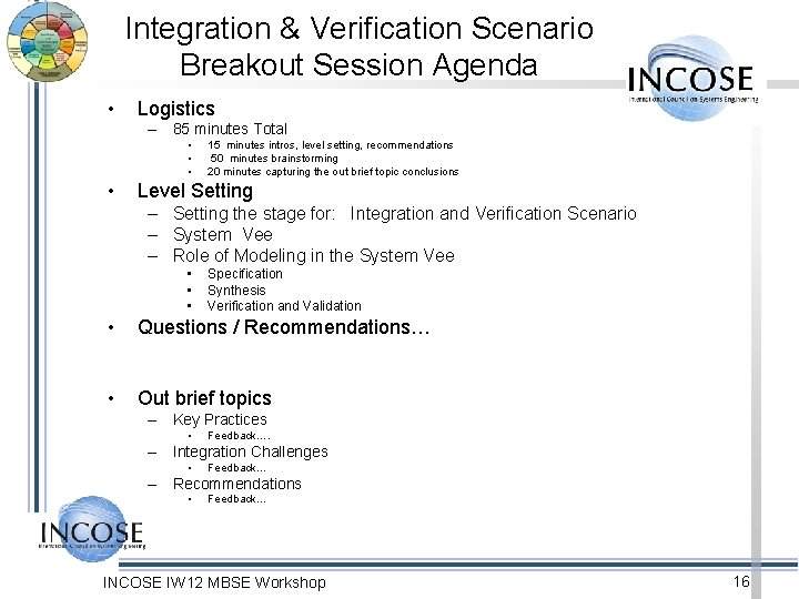 Integration & Verification Scenario Breakout Session Agenda • Logistics – 85 minutes Total •