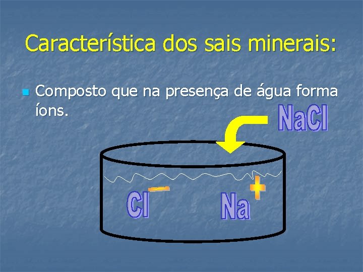 Característica dos sais minerais: n Composto que na presença de água forma íons. 