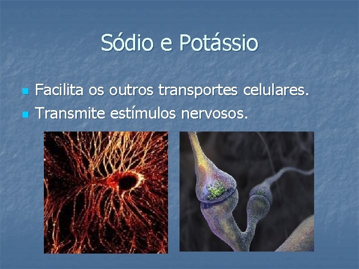 Sódio e Potássio n n Facilita os outros transportes celulares. Transmite estímulos nervosos. 