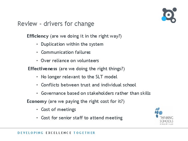 Review – drivers for change Efficiency (are we doing it in the right way?