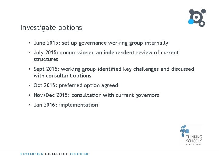 Investigate options • June 2015: set up governance working group internally • July 2015: